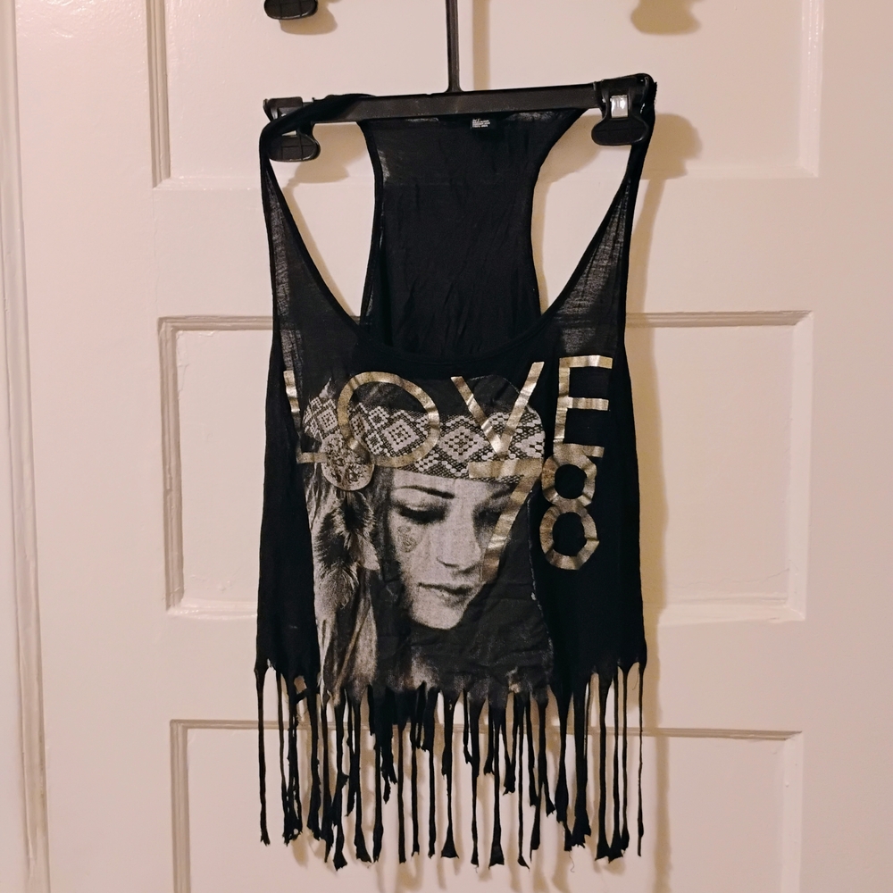 Forever 21 Black Graphic Fringe Tank Top